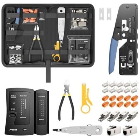 Kit d'outils réseau, pince à sertir RJ45 traversante pour câbles Cat7, Cat6, Cat5 avec 4 connecteurs réseau Cat7 sans outil, 10 connecteurs RJ45, outil de perforation LSA, testeur de réseau pour câble (1/5)