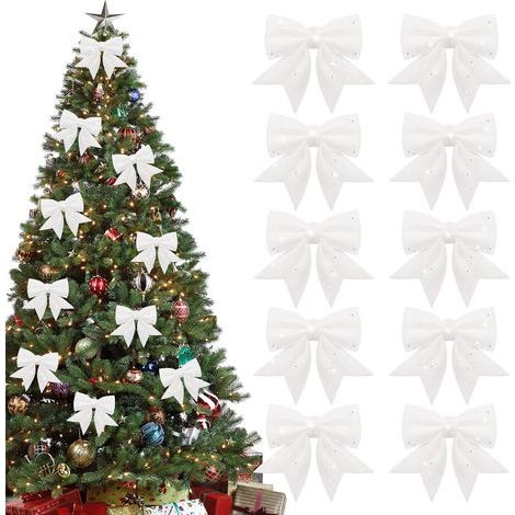 10 Stück glitzernde Weihnachtsschleifen, kleine Weihnachtsschleifen, Glitzerschleifen für Weihnachtskränze, Girlanden und Baumschmuck, Weiß (1/5)