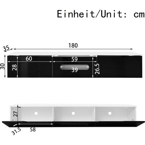 Meuble TV noir et blanc 180 cm finition haute brillance, éclairage LED 16 couleurs, fixation murale possible pour salon (1/4)