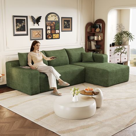 Canapé d'angle 3 places 241 cm, canapé 3 places tissu en velours côtelé vert, canapé 3 places salon modulaire avec méridienne en L, assise profonde, sans montage, livré en 2 colis, 36,9 kg