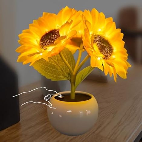 Lampe tournesol en céramique avec fleurs simulées, veilleuse USB rechargeable pour décoration salon, mariage, bureau.
