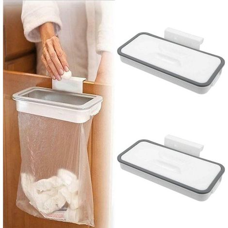 Porta pattumiera grigio da appendere (confezione da 2) - Porta sacchi della spazzatura da appendere al mobile della cucina - Comodi ganci per sacchi della spazzatura per la casa (1/5)
