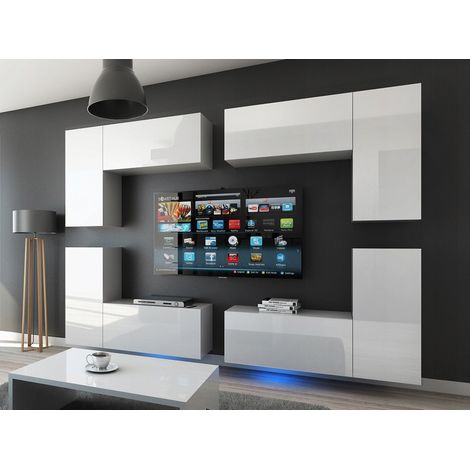 Viva – Ensemble meuble TV 260 cm – Façade MDF laqué blanc brillant – Système push-to-open – Lumières LED incluses (1/2)