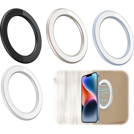 4 Pack Anneau MageSafe Mural Magnétique Mag Safe Sticker Autocollant pour iPhone 17 16 15 14 13 12 Pro Max Aimant N52H Coque en Alliage Support pour Auto Salle de Bain et Cuisine (Blanc noir or bleu) (1/5)