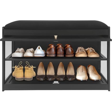 Banc à chaussures à 2 étages avec espace de rangement, porte rabattable magnétique et poignée, porte d'armoire transparente, design de stylos flottant, rectangulaire avec assise, 70 cm, Noir (1/5)