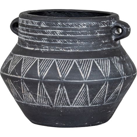 Etched Collection Pot with Handle - Ceramic - L20 x W20 x H16 cm - Black