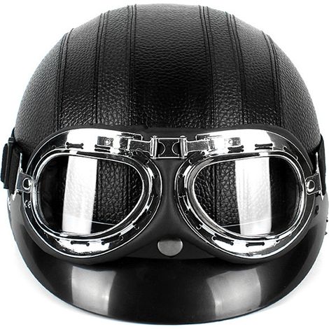 Casque Moto PU Noir Homme Femme Unisexe, Casque de Sécurité avec Lunettes, Taille Unique Universelle (1/5)