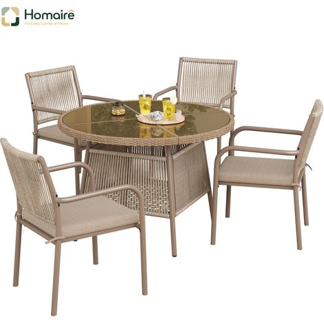 HOMAIRE Modernes Gartenmöbel-Set Rattan: Runder Glastisch + 4 Armlehnstühle mit Eisengestell für Terrasse, Balkon und Deck