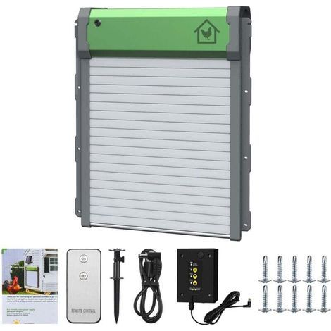 Porte Automatique Poulailler,Porte de Poulailler Automatique Solaire,Porte de Poulailler avec minuterie, capteur de lumière, télécommande, Protection Intelligente Contre Le pincement (1/4)