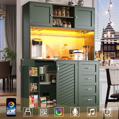 Armoire de cuisine,Buffet Haute de Cusine avec éclairage LED, étagère à snacks & porte-gobelets,4 portes et 2 grands tiroirs,120x40x188cm,Vert
