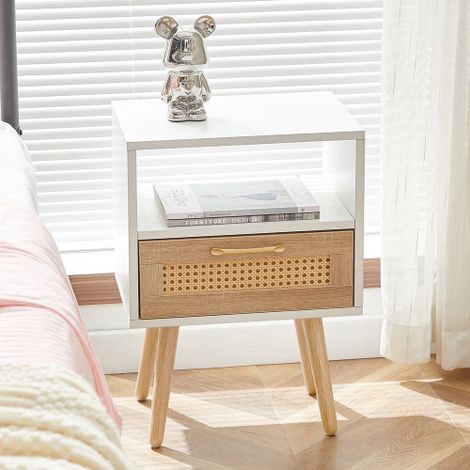 Rattan-Beistelltisch mit Schublade und Massivholzbeinen, moderner Nachttisch, Beistelltisch für Wohnzimmer, Schlafzimmer, Naturholzoptik