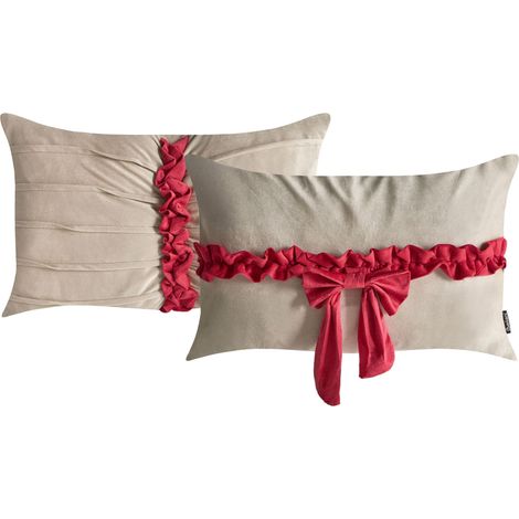 Set di 2 cuscini decorativi in velluto con motivo natalizio a fiocco 50 x 30 cm tortora e rosso Belle