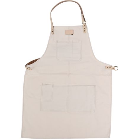 Tablier De Cuisine - Coton Naturel - Bretelles En Cuir - Poches Avant Spacieuses - Pour Restaurant Café Bar - Unisexe - 1 Pièce (1/5)