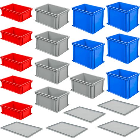 BRB 15 boîtes empilables en 3 tailles / 3 couleurs (L x l) 400 x 300 mm, 5 x 170, 220, 320 mm de haut + 5 couvercles de support (1/3)