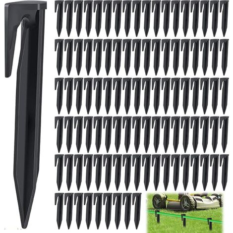 100 Pièces Piquet Fil Robot Tondeuse, 8.5cm Piquets Terre Fixation Plastique Robuste, Accessoires Tondeuses pour Câbles Périphériques, Crochet Délimitation Gazon, Piles Plancher Universelle (Noir) - (1/5)