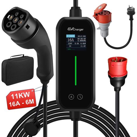 Câble de recharge Type 2 16A 11kW triphasé 6m portable 1adaptateur JUNSUN (1/5)