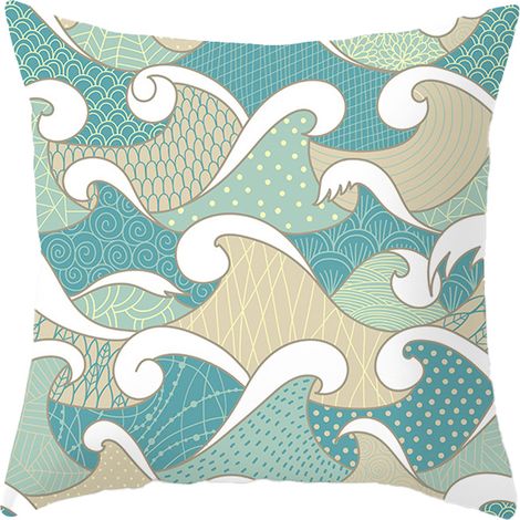 1 Housse de coussin, motif vagues océaniques, lin mélangé, fermeture éclair invisible, pour salon, jardin, canapé (1/5)
