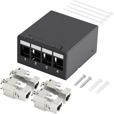 Patch Panel Kit 4 Ports, RJ45 CAT 7 Patch Panel with 4xRJ45 Keystone Jack Modules, 10Gbps Wall Patch Panels Compatible with CAT6 CAT6a CAT7 LAN Network Installation Cable (1/5)