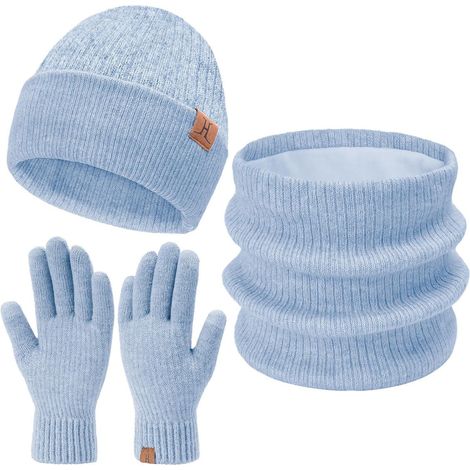 Beanie Mütze Strick Schlauchschal Set Unisex Damen Herren 3 Stück Blau (1/5)