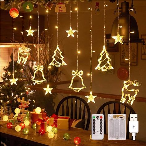 Rideau Lumineux Étoiles, Guirlande Lumineuse de Noël 3.5M IP44, 8 Modes Lumières de Ventouse USB/Batterie Intérieur, Fenêtre Noël Lumière fonction Timer/Mémoire pour Noel Célébration Soirée (1/5)