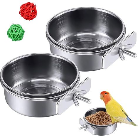 2PCS Mangeoires en Acier Inoxydable pour Oiseaux, Mangeoire Suspendue pour Oiseaux Mangeoire pour Cage à Oiseau Mangeoires en Acier Inoxydable pour Cage à Perroquets avec 2 Boules de Rotin (1/5)