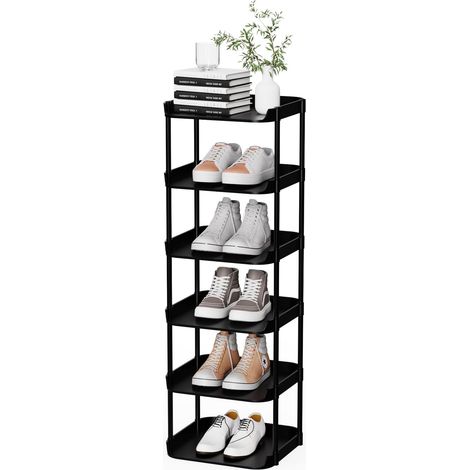 Etagere Chaussures Etroite à 6 Niveaux, Rangement Chaussures Gain de Place, Etagere Plastique Empilable, Shoe Rack pour Chambres, Couloirs, Salons, Couloirs, Noir