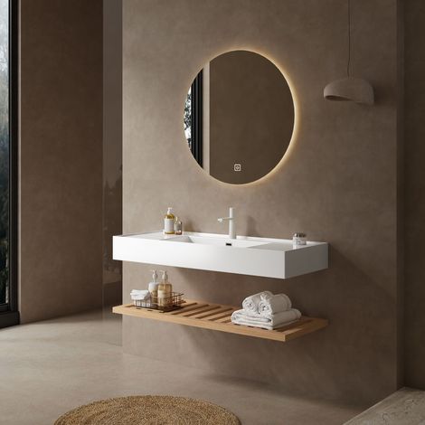 Meuble de salle de bain de 120 cm avec vasque, meuble-lavabo, vasque rectangulaire suspendue en acrylique blanc, étagère rayée, robinetterie non incluse, finition bois naturel. (1/5)