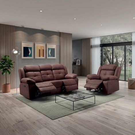 Canapé 3 places + fauteuil relax manuel tissu aspect peau chocolat - ADOLIS (1/5)