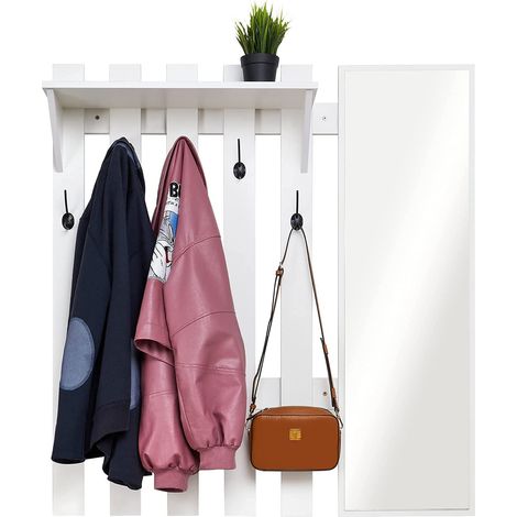 Meerveil Appendiabiti da Parete con Specchio e 5 Ganci, Attaccapanni da Muro Stile Industriale per Ingresso Corridoio, 100 x 22 x 106 cm (Bianco) (1/4)
