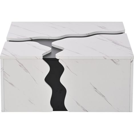 Table basse de salon, 70 x 70 x 31 cm, design géométrique cubique, table d'appoint avec tiroir, table avec placage effet marbre, forme unique, table basse, table de rangement, table de jeu (1/5)