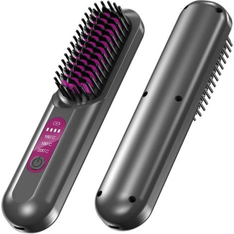 KLVGTIFS PU - Brosse Lissante Sans Fil 20 Millions d'ions Négatifs, Mini Lisseur Rechargeable, Brosse Chauffante Portable 160-230 °C - Violet (1/5)