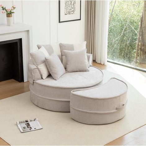 Fauteuil lounge rond avec ottomane et 5 coussins, en chenille gris, 163 x 121 x 66 cm HAVRYA (1/5)