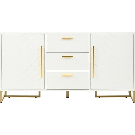 Buffet blanc élégant à motif chevrons, avec 2 portes et 3 tiroirs pour salle à manger, cuisine et salon (Blanc) (1/5)