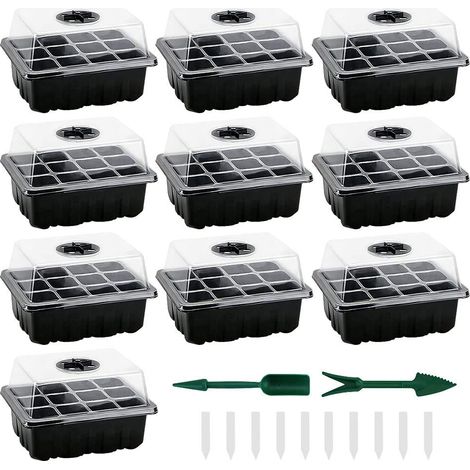 Lot de 10 pots de culture avec couvercle et ventilation - 12 trous - Étiquette pour plantes - Idéal pour la croissance des plantes et la germination des semences. (1/5)