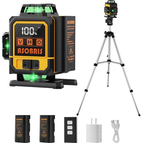 Niveau Laser avec Trepied 360° x 4, 4D 16 Lignes Laser Chantier Autonivelant, Lazer Niveaux Vert Laser Exterieur, Laser Niveau 2x2400mAh Batterie, Support Rotatif (1/5)