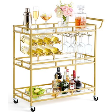 VEVOR Desserte Bar, Chariot de Service a 3 Niveaux, pour Rangement Vins Ustensiles Cuisine Salon, Bar Roulant avec Plateau en Verre Trempe, Range-bouteilles et Porte-verres, Chariot a Boissons Dore (1/4)