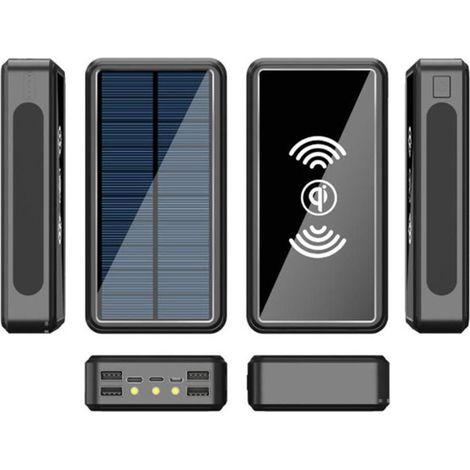 Power Bank Solaire Extérieur 50000mAh Imperméable Chargeur Sans Fil Portable Grande Capacité avec 4 Ports USB et LED