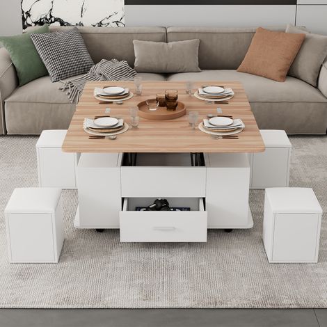 Table basse réglable en hauteur, table d'appoint mobile, table basse multifonctionnelle 4 en 1 transformable en table de salon/salle à manger, table basse avec tiroirs, avec 4 tabourets, coloris blanc (1/4)