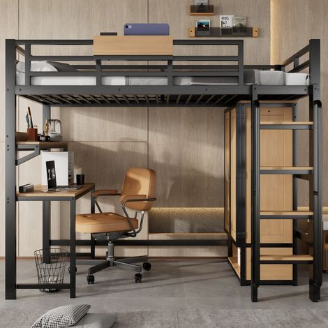 Lit Mezzanine 90x200cm - Lit enfant en Métal et Bois - avec Armoire 2 Portes, Bureau, Étagères et Escaliers - Noir et Naturel (1/5)