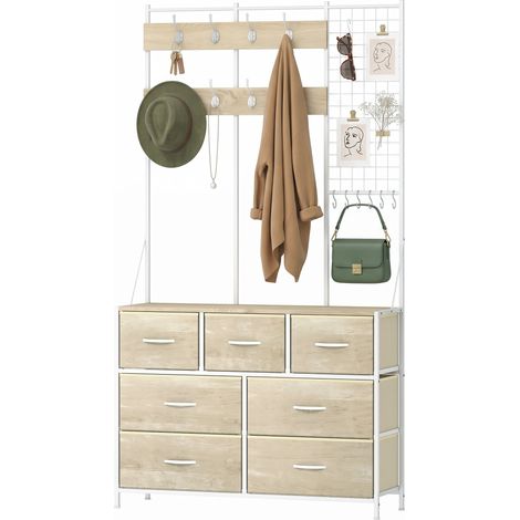 Vestiaire d'Entrée 4 en 1, 7 Tiroirs Pliables en Tissu, 14 Crochets et Panneau Grillagé, Chêne, pour Couloir et Maison (1/5)