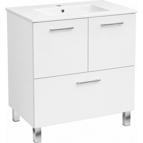 Meuble de salle de bain avec lavabo - Blanc laqué - 70 cm - Sur pied - Tiroir à fermeture amortie (1/5)