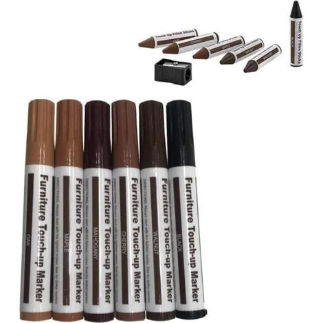 Marqueur Réparation Meubles - Teinture Bois Séchage Rapide - Pour Rayures et Usures sur Surfaces en Bois - Lot de 6 Couleurs (1/4)