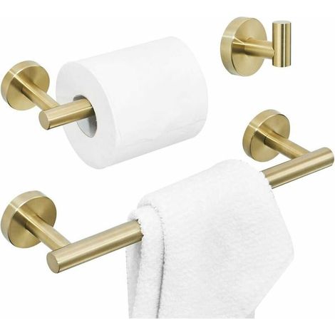 Accessori da bagno spazzolati, set di accessori da bagno dorati, set da 3 pezzi comprendente portasciugamani, porta carta igienica, gancio appendiabiti e supporto a parete in acciaio inossidabile Sus 