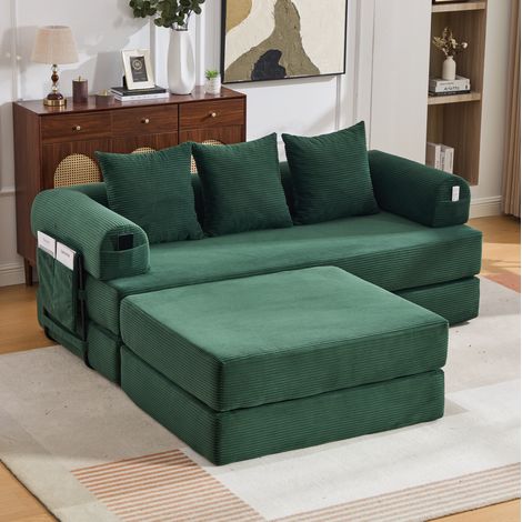 Sofá modular de pana con puf, 3 cojines y estructura metálica, verde esmeralda HAVRYA (1/5)
