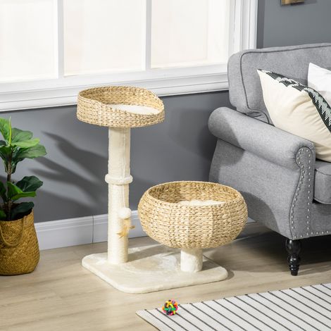 Arbre à chat griffoir 2 niveaux, hauteur 72cm, poteau sisal, niche, plateforme et balle suspendue