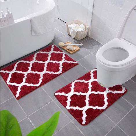 Lot de 2 Tapis de Bain Antidérapant, Tapis Salle de Bain Absorbant en Microfibre Douce, Tapis de Salle à Motifs marocains, Lavable en Machine - 50 x 76 cm + 50 x 60 Contour WC, Bordeaux (1/5)