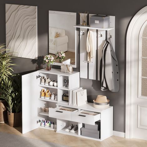 Meuble d'entrée blanc avec portemanteau, miroir et patères, incluant une étagère à chaussures. Rangement mural compact, 2 tiroirs, dimensions 120 x 35 x 175,5 cm. (1/5)