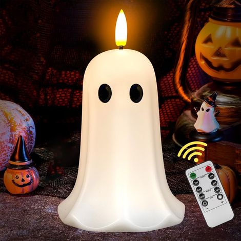 2er-Pack flammenlose Halloween-Geisterkerzen mit Timer – LED-Kerzen mit flackernder Flamme, echtes Wachs, Fernbedienung, gruselige Halloween-Heimdekoration, niedliche Tischkamin-Dekoration, batteriebe (1/4)