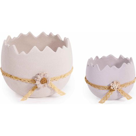 Contenitori pasquali a forma di uovo in ceramica ruvida con nastro e fiore decorativo in set da due pezzi, set da 2 pezzi, Grande: Ø 17 cm x 13,5 H