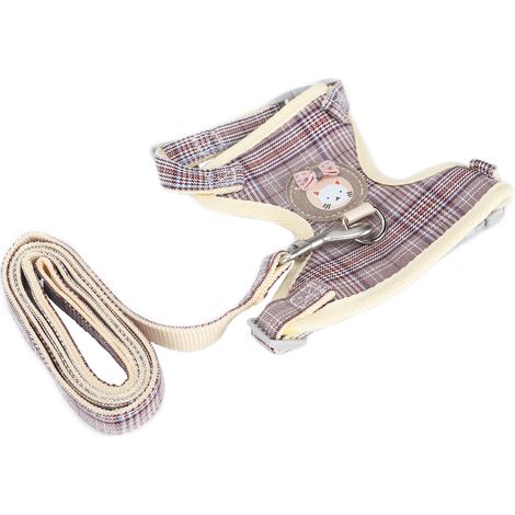 Harnais-gilet anti-perte pour chat avec laisse, sangle de harnais réglable pour animaux de compagnie, idéal pour les promenades (motif à carreaux couleur café, laisse de 1,5 cm/0,6 po de largeur (conv (1/5)
